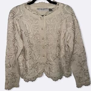 Michael Simon ivory cotton blend cardigan with an embroidered pattern